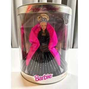 Happy Holidays Barbie Doll Special Edition 1998 Black Gown Pink Wrap Sparkle